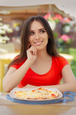 Happy Woman Thinking About Eating Pizza on a Diet clipart