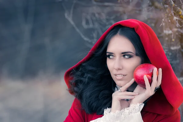 Red Hooded Woman Holding Apple Fairytale Portret — Fotografie, imagine de stoc