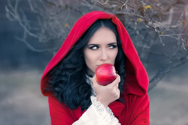 Red Hooded Woman Holding Apple Fairytale Portrait — Stock Photo, Image