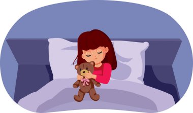 Üzgün küçük kız oyuncak ayı vektör çizgi filmiyle yatıyor.