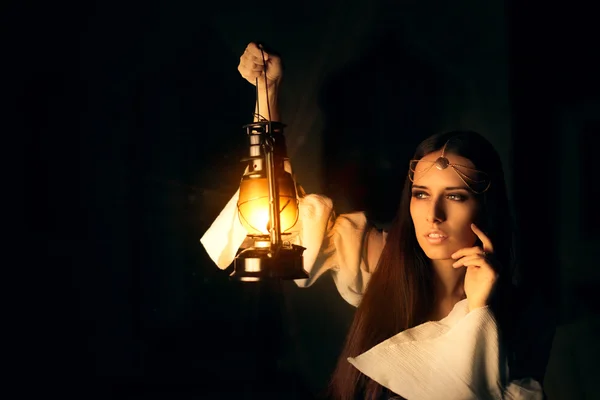 Beautiful Medieval Princess Holding Lantern — Stock Photo, Image