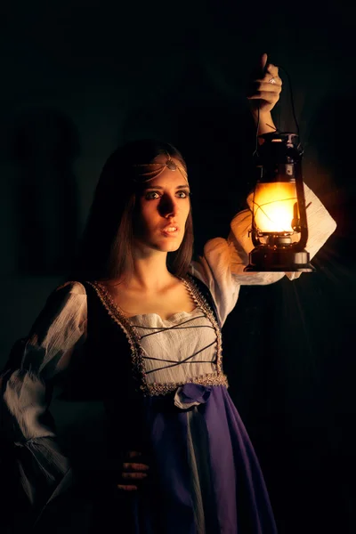 Beautiful Medieval Princess Holding Lantern — Stock Photo, Image