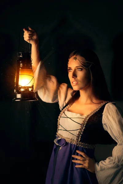 Beautiful Medieval Princess Holding Lantern — Stock Photo, Image