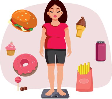 Şişman Kadın Ölçeğinde. Çevrelenmiş Junk Food Vector Illustration