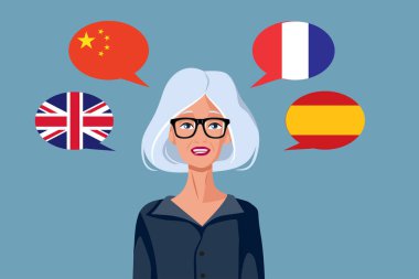 Çok Dilli Konuşan Yaşlı Kadın Vektör İllüstrasyonu. İspanyolca, Çince, Fransızca veya İngilizce iletişim kuran çok dilli kişi