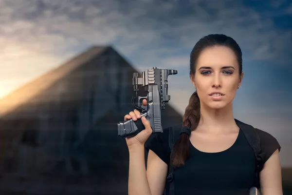 Powerful Woman Holding Gun Action Movie Style — Stock Photo, Image