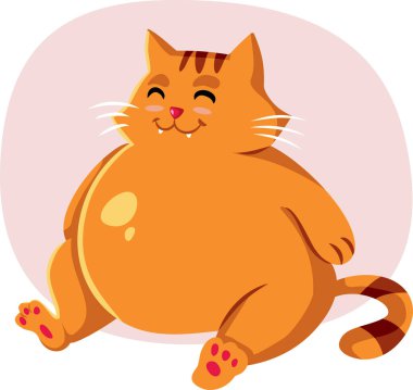 Büyük Portakal Kedi Obezite Vektör İllüstrasyonundan Acı Çekiyor. Obeziteden muzdarip evcil hayvan tembel.