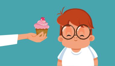 Anne, Obez Oğul Vektör İllüstrasyonuna Tatlı Veriyor. Kötü davranışa izin veriyor ve şeker ikram ediyor.