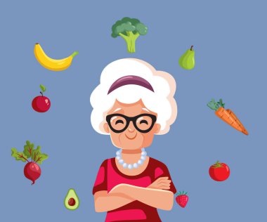 Sağlıklı Meyve ve Sebze Yiyen Yaşlı Kadın Vektör İllüstrasyonu
