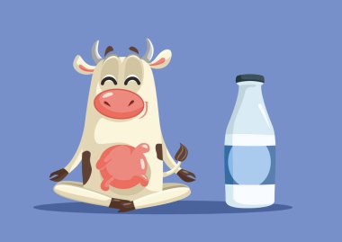 Yoga İneğindeki Mutlu Vektör İneği Süt Şişe Yanında Poz