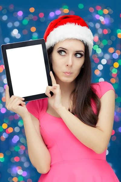 Tablet ile sürpriz Noel kız — Stok fotoğraf