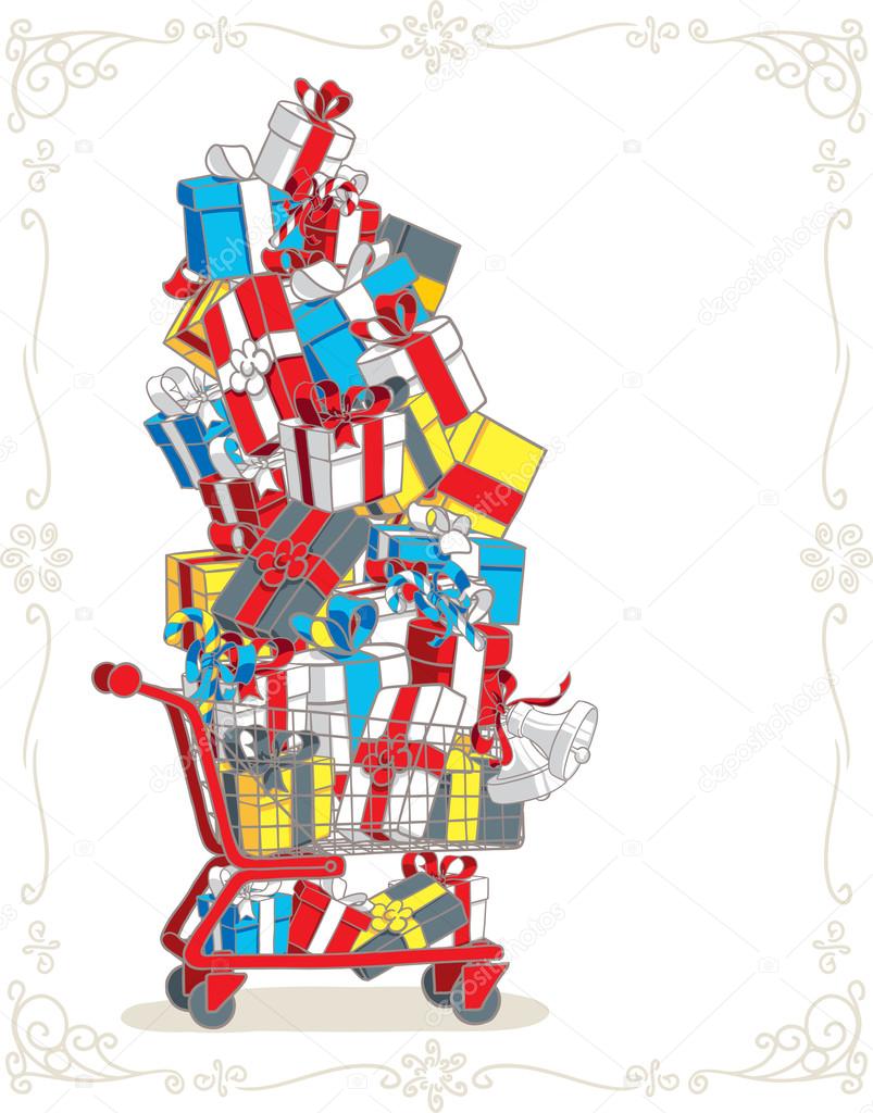 Shopping Cart Stacked with Presents Vector Cartoon