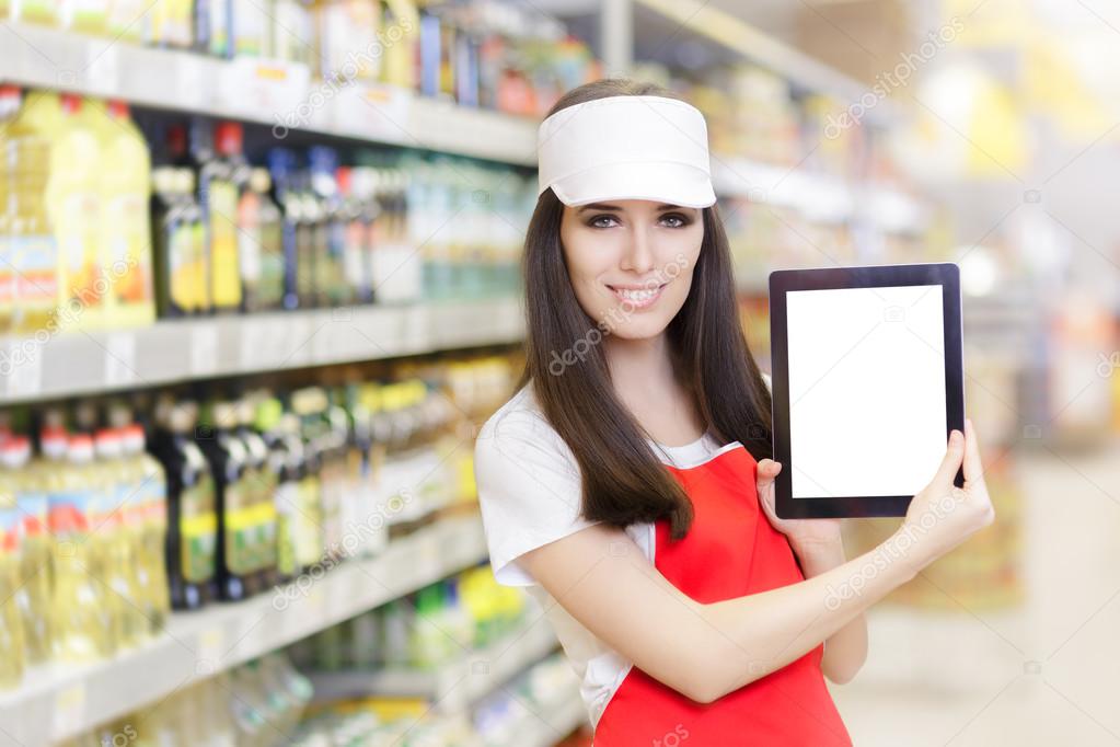 Smiling Supermarket Employee Holding a Pc Tablet