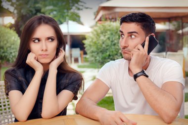 Angry Girl Listening to Her Boyfriend Talking on The Phone clipart