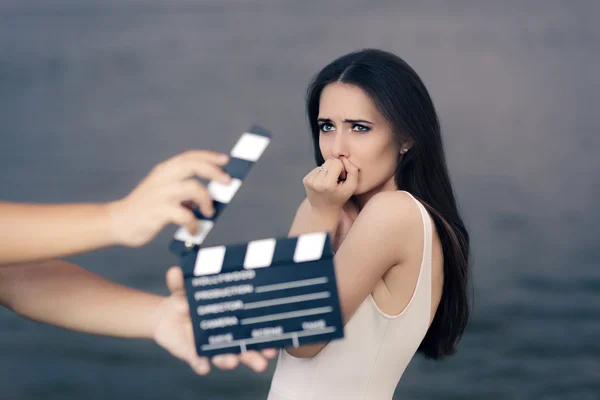 Scared Actress Shooting Movie Scene — Stock Photo, Image