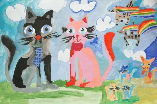 Children Drawing Paints Cats Kittens — Stock Photo, Image