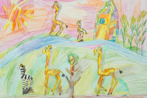 Children Drawing Paints Wild Animals Nature — Stock Photo, Image