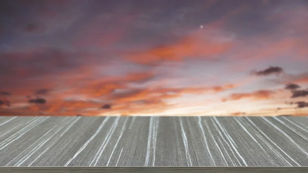 empty wooden table with sky at dawn blur background