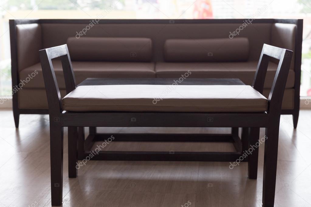 Wooden Sofa With Brown Leather Cushion Stock Photo Image By C Psisaa 104858154