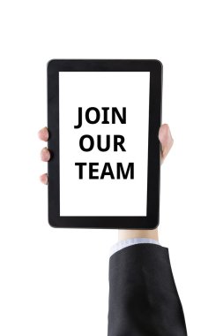 wh izole kelime ile dijital tablet tutan işadamı el