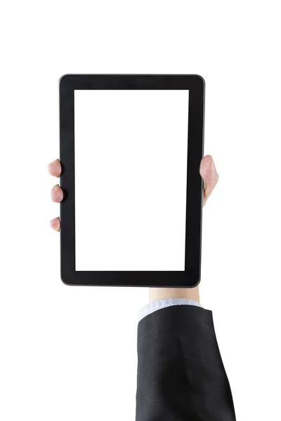 Businessman hand holding digital tablet isolated on white backgr — Stock Photo, Image