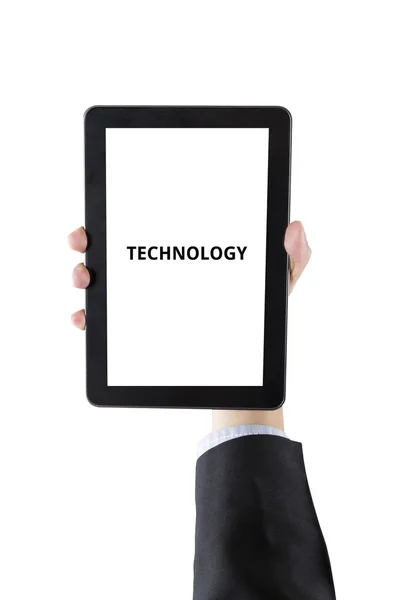 Businessman hand holding digital tablet with word isolated on wh — Stock Photo, Image