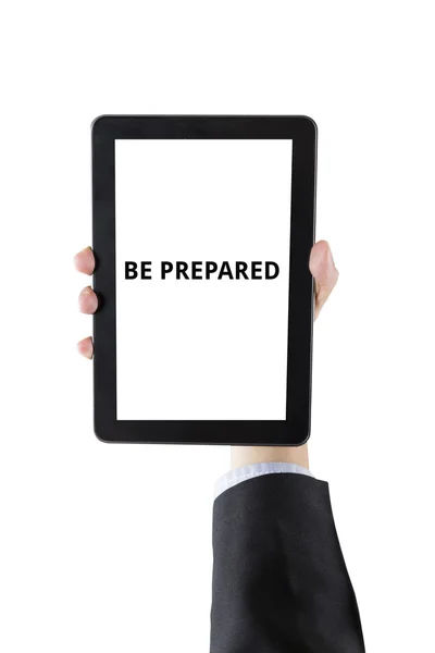 Businessman hand holding digital tablet with word isolated on wh — Stock Photo, Image