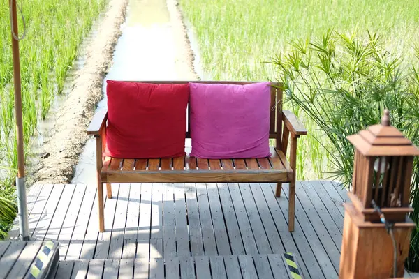 Wooden Chair Bench Seat Terrace Patio Rice Paddy Field — Stock Photo, Image