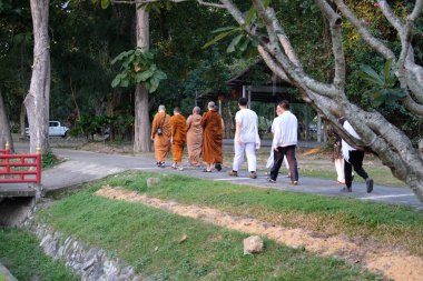 Chiang Mai, Tayland - 19 Kasım 2020: Budist keşiş ve insanlar Chiang Mai, Tayland 'daki Chiang Mai Üniversitesi' nde farkındalık meditasyonu için yürüyorlar.