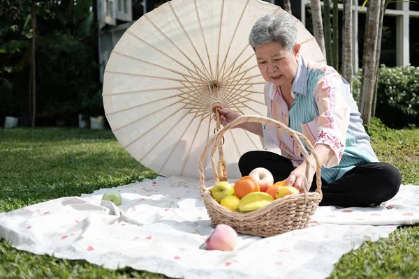 Viejo Asiático Anciano Mayor Anciano Mujer Teniendo Picnic Jardín Jubilación — Foto de Stock