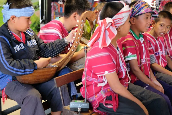 Chiang Mai, Tayland - 23 Aralık 2020: Kuzey Tayland 'daki Karen Hill kabilesi Chiang Mai, Tayland' daki Chaodoi pazarındaki alıcıları eğlendirmek için şarkı söylüyor ve müzik çalıyor..