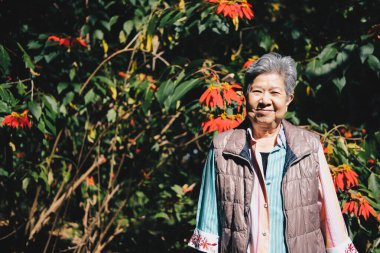 Asyalı yaşlı yaşlı kadın yaşlı kadın çiçek bahçesinde dinleniyor. son sınıf eğlence yaşam tarzı