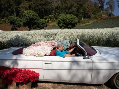 Yaşlı, Asyalı yaşlı kadın yaşlı yaşlı kadın. Yaşlı kadın. Antika klasik bir arabaya biniyor.