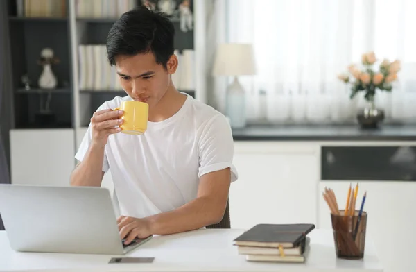 Asian Young Teenage Student Man Teenager Entrepreneur Working Computer Studying Stock Photo