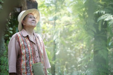 Asyalı yaşlı yaşlı kadın yaşlı kadın bahçede dinleniyor. son sınıf eğlence yaşam tarzı