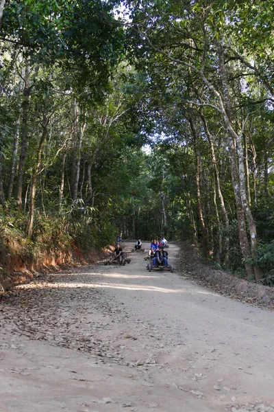 The tourist drive wooden  rickshaw go down the hill — Stock Photo, Image