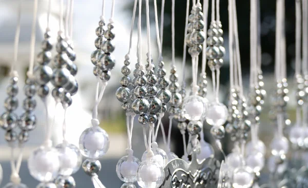 Bead decorating on silver Bodhi leaf in buddhist temple — Stock Photo, Image