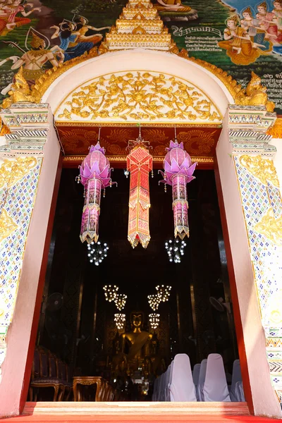 Door of the buddhism church decorating with traditional paper la — Stock Photo, Image