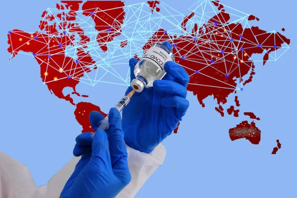 Läkare Som Använder Syrienge Dammsugande Covid Vaccin Med Anslutningsledning Världskartan — Stockfoto