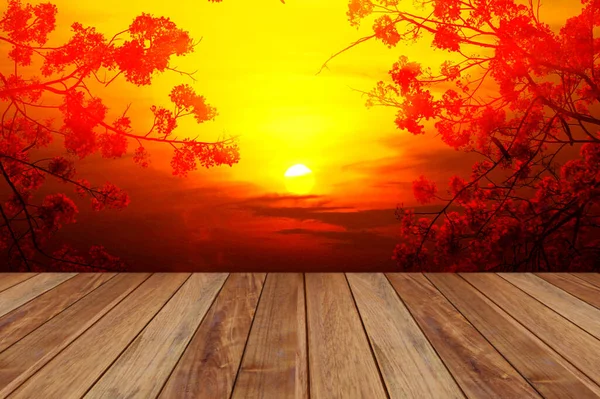 perspective blank brown wood with red flower or  peacock\'s crest with sun set colorful sky abstract nature background