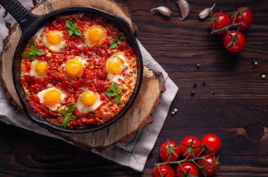 Domates ve sebzeli sahanda yumurta. Shakshuka, ahşap arka plan manzaralı dökme demir bir tavada. Geleneksel kahvaltı yemeği.