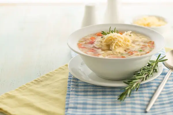 Vegetable Soup Cheese Fresh Herbs Large Portion Served Deep White — Stock Photo, Image