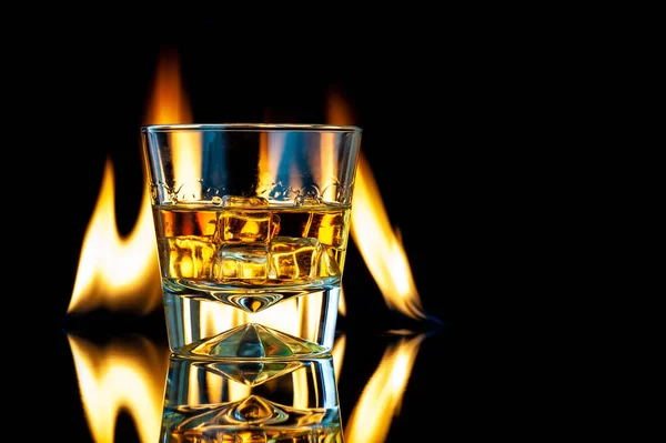 Whiskey Bourbon Transparent Glass Ice Cubes Black Background Fire Horizontal — Stock Photo, Image