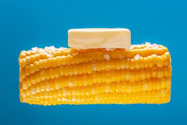 Bir parça tereyağı sıcak pişmiş mısırın üzerinde eritilir. Açık mavi arka planda büyük bir sarı mısır kulağı gösterilir. Yiyecek havalanması. Gıda ile yaratıcı konsept.