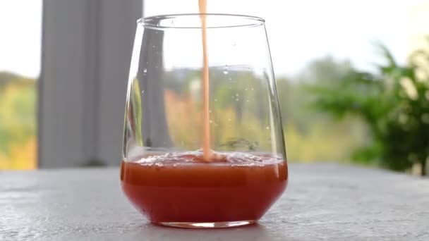 Tomato Juice Poured Glass Camera Moves Parallax Effect Close Footage — Stock Video