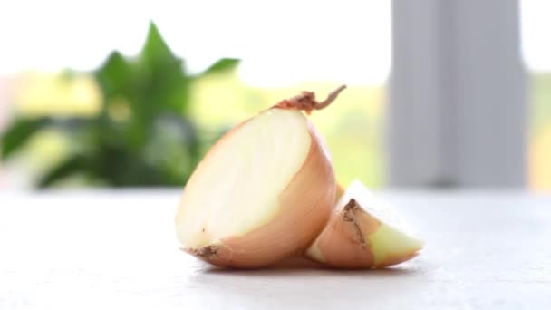 Las Cebollas Frescas Rodajas Giran Sobre Mesa Cámara Mueve Efecto — Vídeo de stock