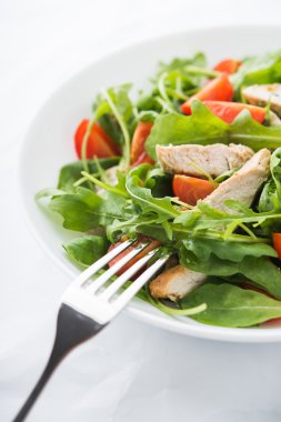 Tavuk, domates ve yeşillik (ıspanak, arugula) beyaz arka plan yakından taze salata. Sağlıklı gıda.