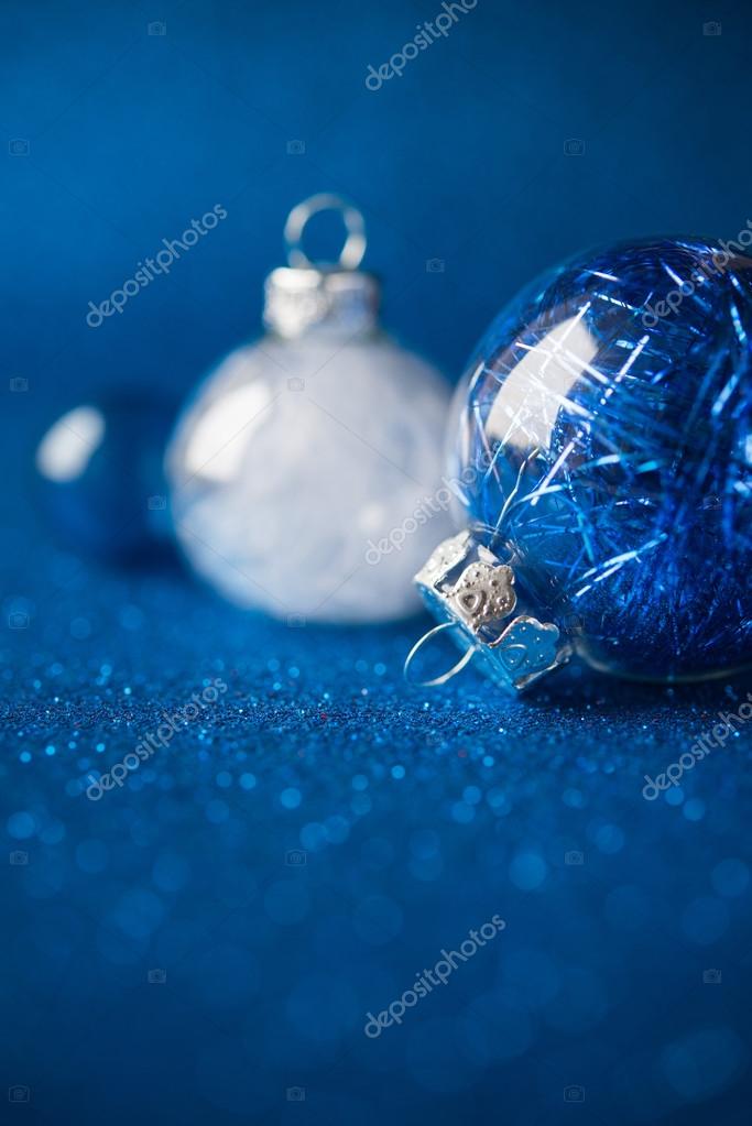 White And Blue Christmas Ornaments On Dark Blue Glitter Background With Space For Text Stock Photo Image By C Elenadesigner 123225910