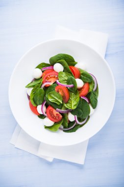 Mozzarella peyniri, domates, ıspanak ve mor soğan ile taze salata mavi ahşap arka plan üst görünümü