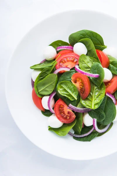 Frischer Salat mit Mozzarella, Tomate, Spinat und lila Zwiebeln auf weißem Hintergrund von oben — Stockfoto